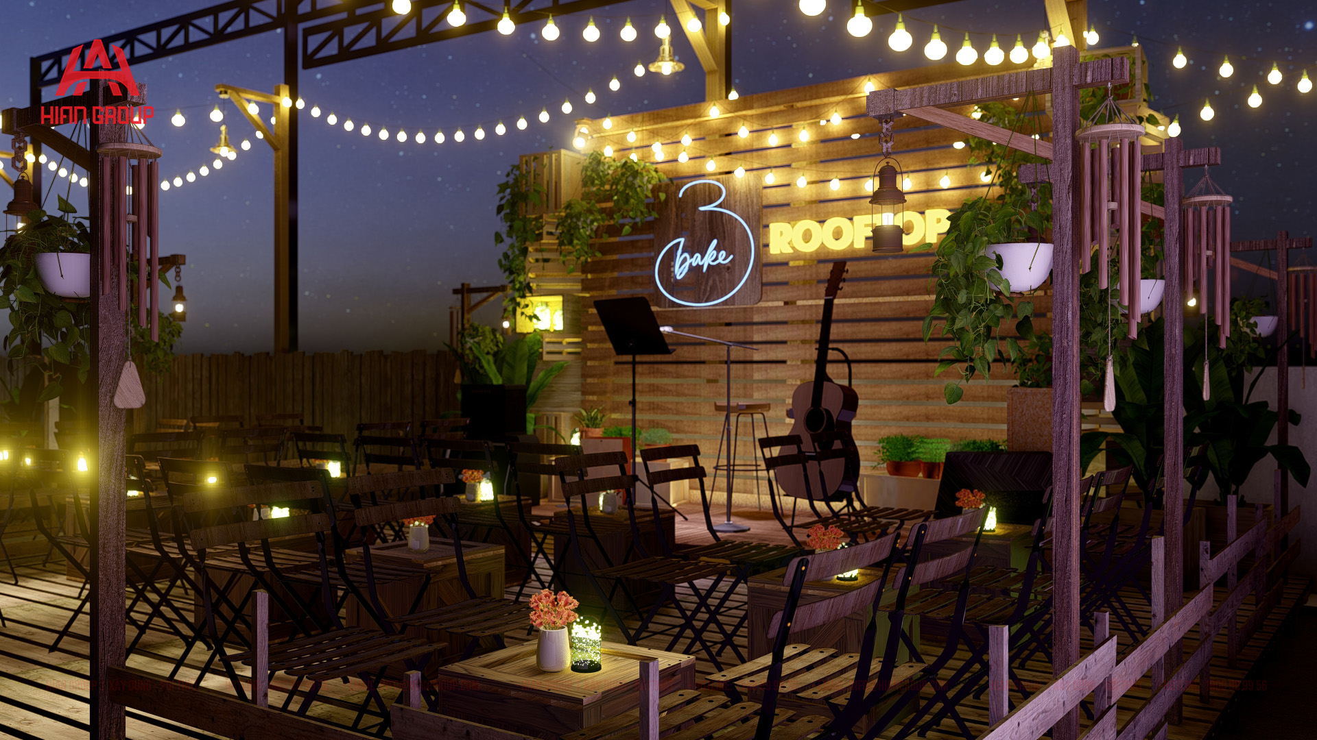 thiết kế quán cafe rooftop