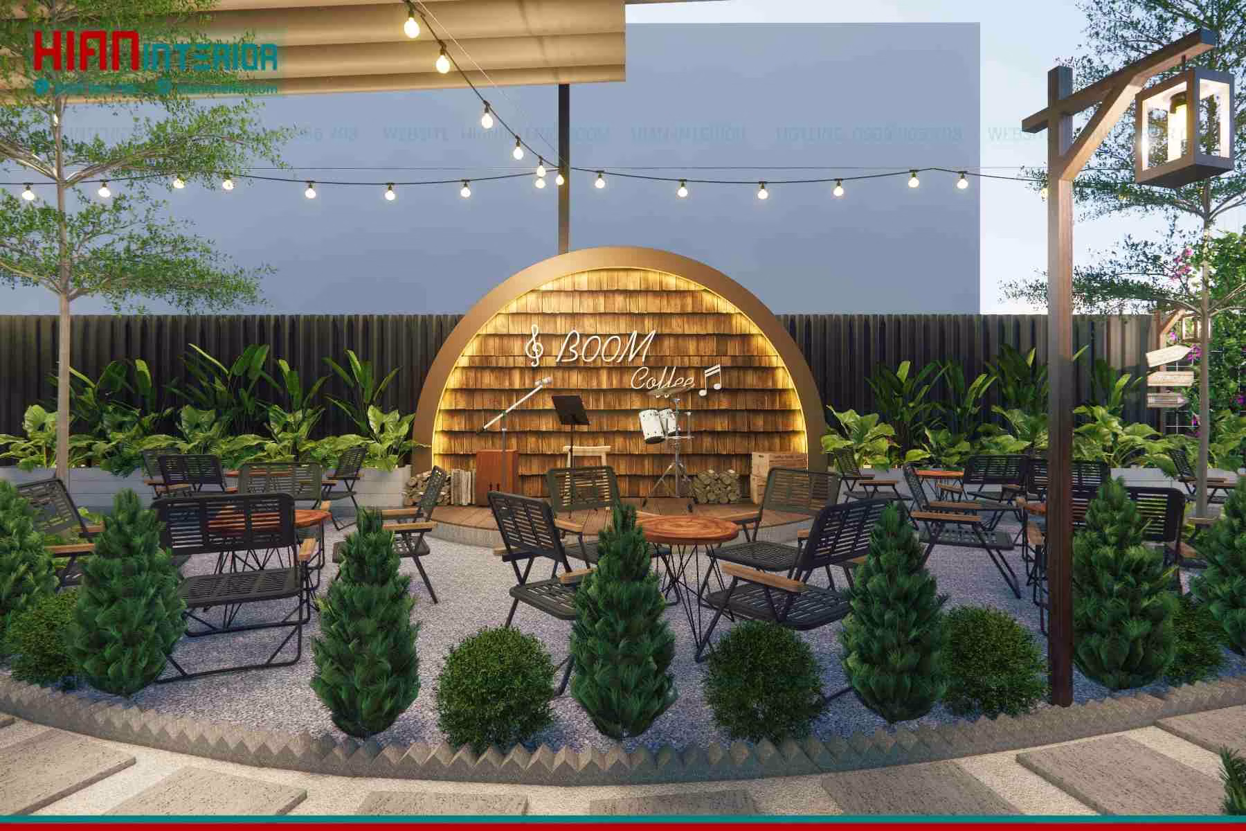 Thiết kế quán cafe sân vườn B00M coffee