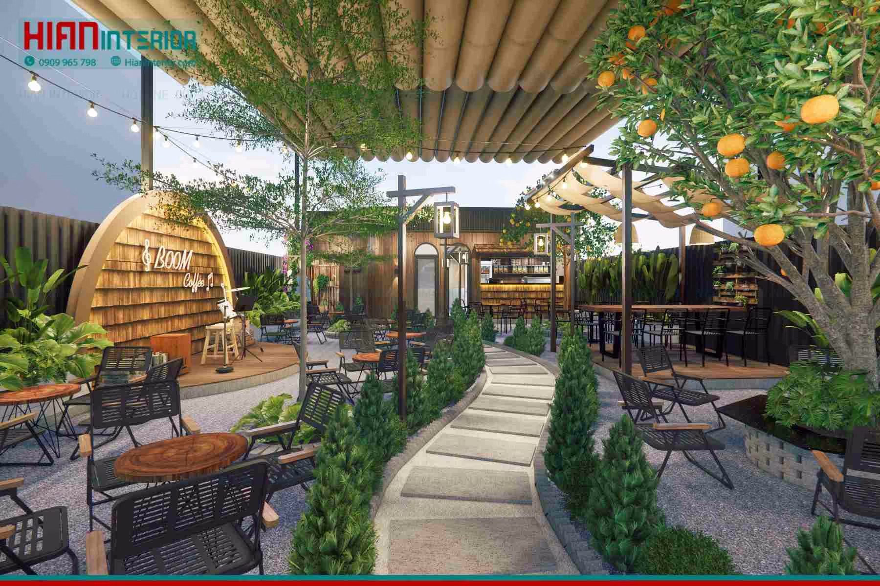 Thiết kế quán cafe sân vườn B00M coffee