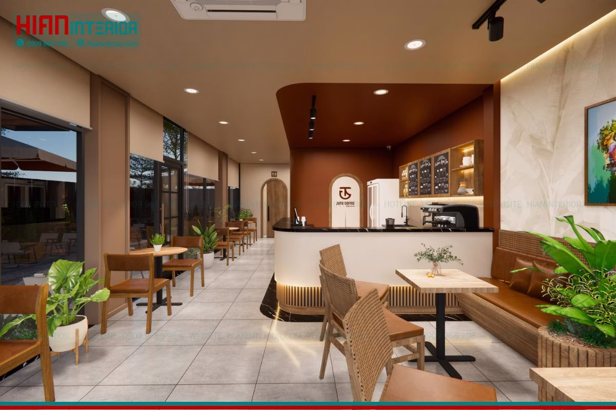 Thiết kế quán cafe khung thép Jutu trọn gói